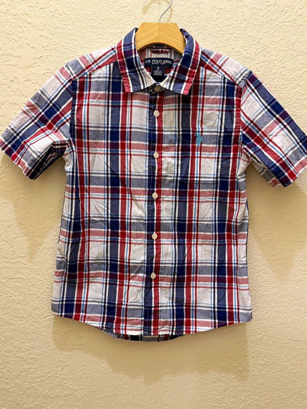 U.S. Polo Assn. Boys M (8) Red/White/Blue Plaid Short Sleeve Button-Up